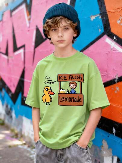 Teenage Boys Cartoon Duck & Street Vendor Graphic Tee - Casual Loose Fit Sports Short Sleeve Polo Shirt - Perfect Summer Gift For School, Travel, Party & Outdoor