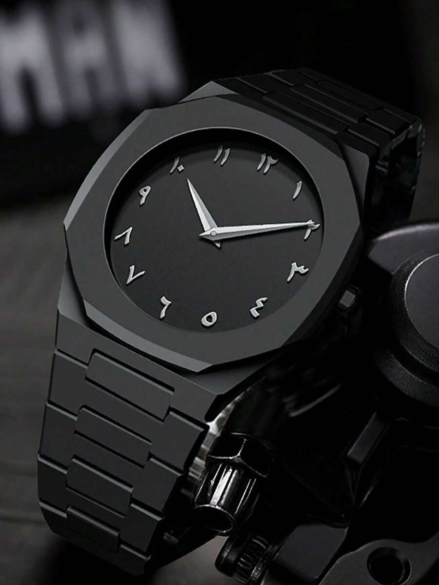 Black Round Men's Quartz Watch, Plastic Strap, Arabic Numeral Dial, Suitable For Daily Wear, Great Gift - Black - View 1