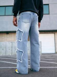 男士休闲宽松水洗做旧牛仔裤，饰有星星刺绣贴片，时尚百搭，适合所有季节 - 淺色水洗藍 - 查看 5