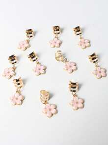 6pcs Gold Drip Oil Flower Hair Rings Set, Boho Cute Hip Hop Hair Clips, Headchain, Star Moon Combo, Ramadan Gift, Party Hair Rings - Pink - View 4