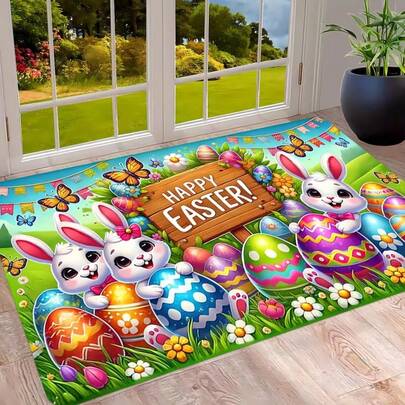 1件装兔子“复活节快乐”图案浴室地垫、地毯、门垫 - 节日装饰 | 耐用珊瑚绒材质，防滑硅胶底，多种尺寸可选，适用于客厅、卧室、办公室、室内/室外