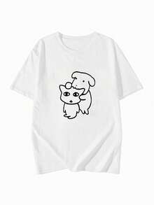 Women's Round-Neck Short-Sleeve T-Shirt, New Summer Cartoon Cat And Dog Print, Fashionable Casual Versatile Loose Top White - White - View 3