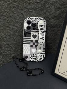 1pc Fashion Wristband With Black & White Heart Patchwork Plaid Heart Print, Thick High-Impact Phone Protective Case With Matching Wristband, Kickstand Function, Includes 1 Black Heart Chain, Suitable For Self-Use Or Couples/Valentine's Day Gift, Compatible With Apple & Series - Multicolor - View 4