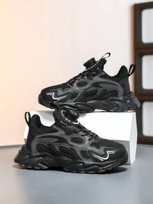 1 par de zapatillas deportivas de malla para niños, de estilo primavera/otoño, con hebilla rotativa ajustable de fácil puesta y quita, adecuadas para uso casual, deportivo, escolar y de moda, versátiles y atléticas - Negro - Ver 5