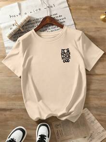 男童极简标语印花圆领短袖T恤，新款春夏青少年男童服装 - 杏色 - 查看 2