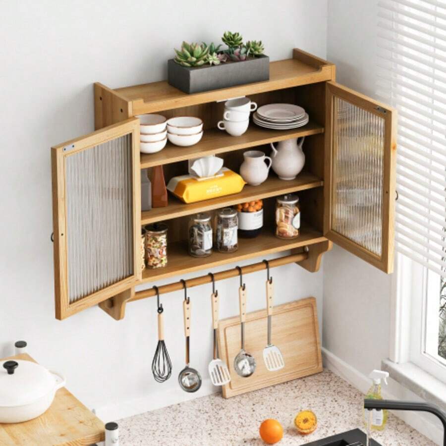 Mueble de pared vintage con puertas de cristal (63 cm) y tres estantes, incluye toallero, para baño, cocina y comedor, en color madera original. - Caqui - Ver 1