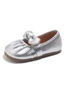 1双幼儿女童浅口皮革蝴蝶结公主鞋，防水防滑婴儿爬行鞋，软底复古玛丽珍鞋，透气休闲一脚蹬鞋，适合春、夏、秋季穿着 - 銀色 - 查看 8