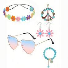 5pcs/Set Hippie Style Accessories Set: Peace Sign Necklace, Daisy Earrings, Flower Headband, Sunglasses, 60s Fashion Halloween - Blue - View 41