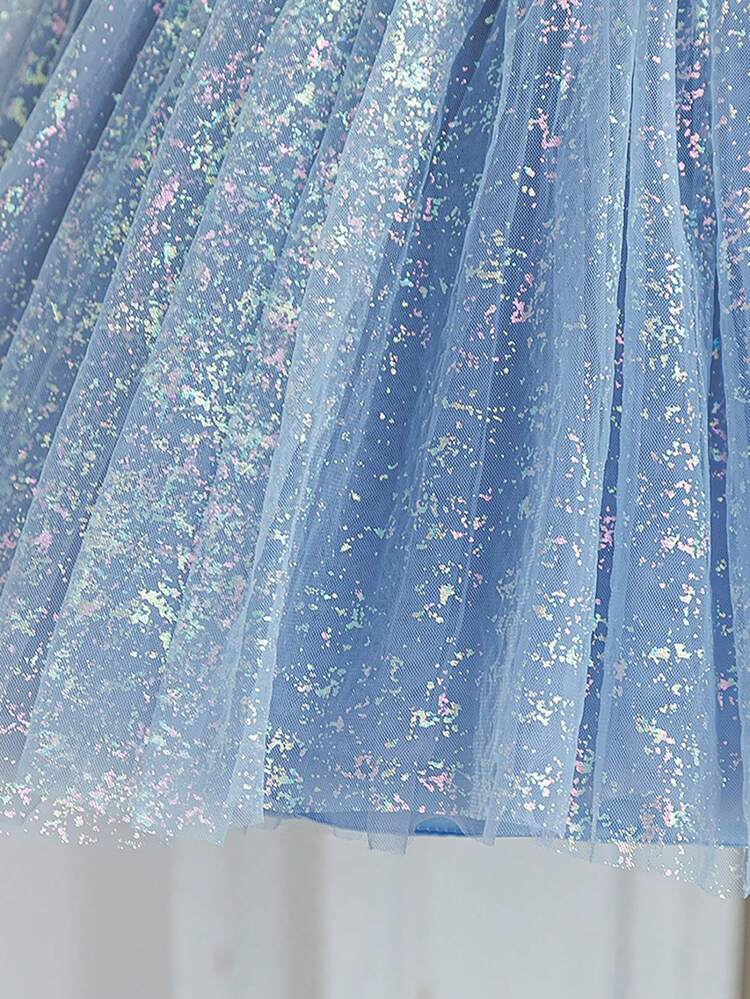 Young Girl Grey-Blue Velvet Sequin Flower Girl Wedding Dress, Backless Big Bow Mesh Tulle Skirt, Elegant Party Gown Suitable For Birthday, Party, Bridesmaid, Flower Girl, Wedding, Banquet, Stage Performance, Important Occasions, Holiday Celebration - Blue - View 9