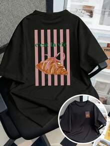 大码女式休闲短袖T恤，饰有活力羊角面包和条纹图案，圆领春夏上衣，大码女式T恤，大码女式秋季服装，大码女式秋冬服装，女式秋冬服装，冬季服装，女式冬季服装，户外女式上衣，情人节女装，大码女装，情人节黑色 - 黑色 - 查看 1