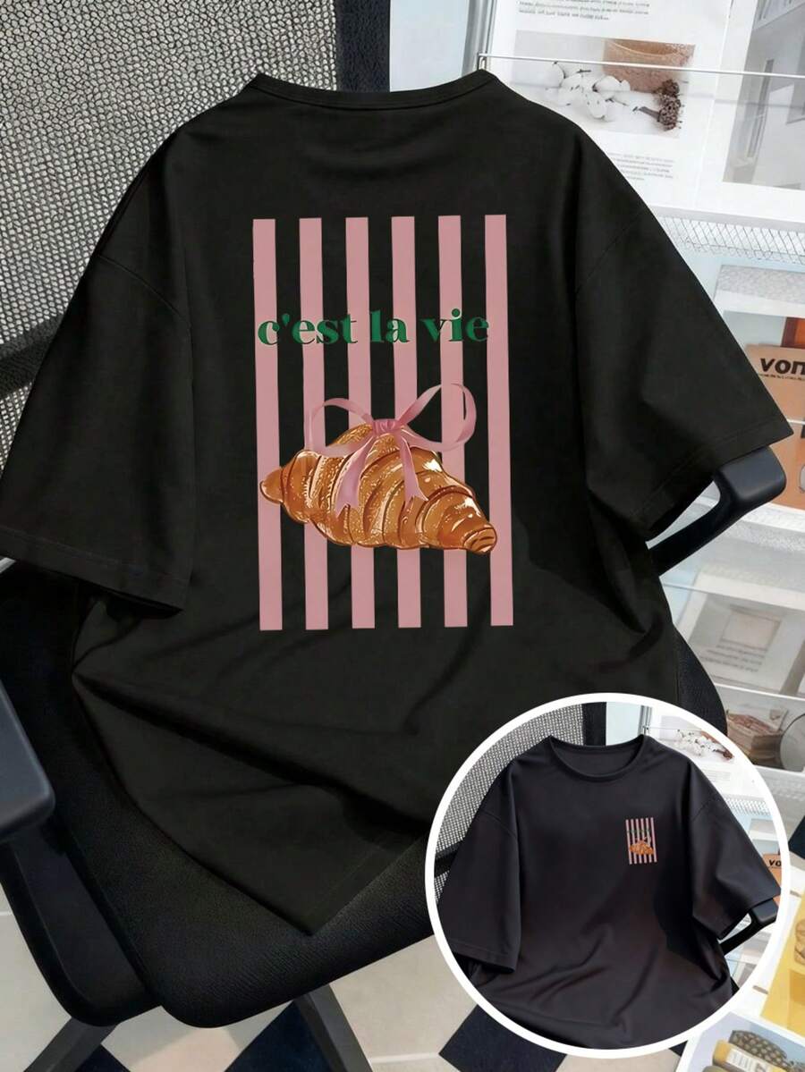 大码女式休闲短袖T恤，饰有活力羊角面包和条纹图案，圆领春夏上衣，大码女式T恤，大码女式秋季服装，大码女式秋冬服装，女式秋冬服装，冬季服装，女式冬季服装，户外女式上衣，情人节女装，大码女装，情人节黑色 - 黑色 - 查看 1