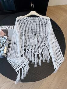 Sexy Design Hollow Out Knit Cover Up, Elegant Beach Vacation Sheer Cover Up Crop Top For Summer - White - View 2