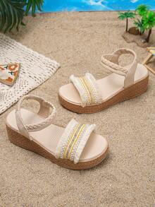 1双女童夏季休闲高跟凉鞋，时尚针织套脚简约百搭厚底轻便舒适，适合日常、度假、上学穿着，防滑坡跟凉鞋 - 金色 - 查看 6