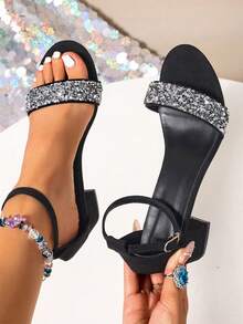 New Versatile Chunky Heel Slip-On Mule Sandals, Black Round Toe - Black - View 2
