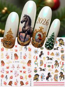 2pcs New Year Vintage Horse Design Nail Art Stickers Roses Auspicious Clouds 3D Self-Adhesive Nail Decals DIY Wedding Spring Manicure Decorations Accessories - MultiWarna - View 3
