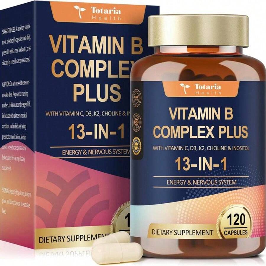Totarias 13-In-1 Vitamin B Complex Plus With Vitamin B1, B2, B3 (Niacinamide), B4, B5, B6, B7 (Biotin), B8 (Inositol), B9 (Folate), B12, C, D3, K2 - Energy, Nerve, Immune, Skin Support - 120 Vegan Capsules Healthcare Supplement, Free Shipping, Daily Supplement, For Women - 120抽 - 查看 1