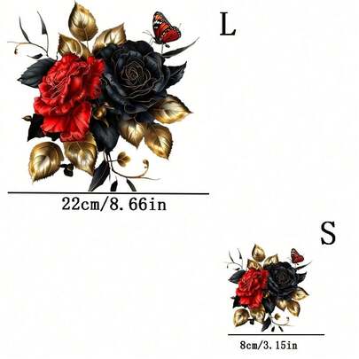 1/2/3pcs Red & Black Rose Pattern Durable Plastic Heat Transfer Stickers, Suitable For DIY T-Shirts, Jeans, Hoodies, Bags, Pillows (Mixed Colors), Holiday Crafts, Long-Lasting Decorative Stickers, Clothing Embellishment, Party Decoration
