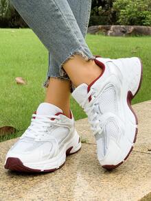 American Retro Contrast Color Running Shoes, Mesh Breathable, Thick Bottom Cushioning, Campus, Street, Daily Wear Template, Running Shoes To Grasp The Relaxation Feeling, 5cm High Casual Shoes - Đỏ - Xem 5