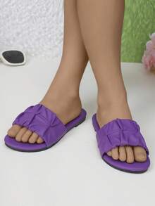 Summer New Girls' Outdoor Slippers, Round Toe Fabric Ruched Design, Fashionable And Generous Solid Color Western Style Children Flat Sandals - Violet Purple - View 2