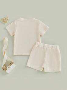 Conjunto de verano para bebé pequeño, camiseta de manga corta con cuello redondo bordado y pantalones cortos con temática de golf, 2 piezas - Albaricoque - Ver 7