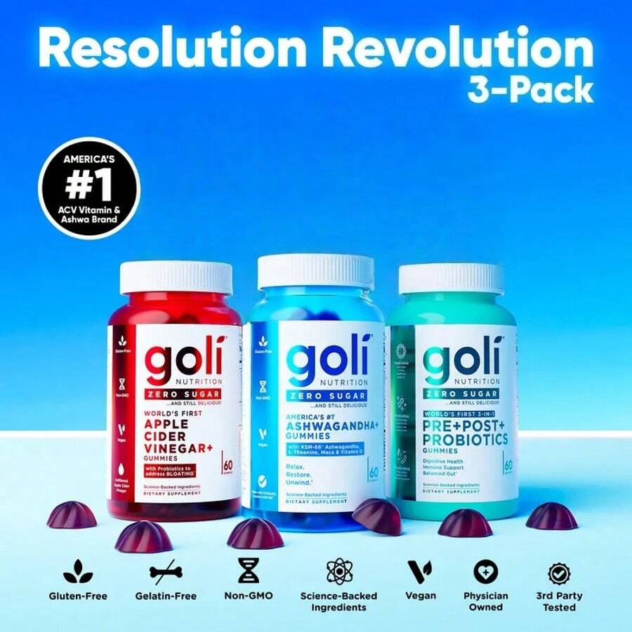 Goli® 3-In-1 Pre Post Probiotic Zero Sugar Trio – Ashwagandha L-Theanine + Vitamin D Gummies | Vegan Non-GMO - mặc định - Xem 1