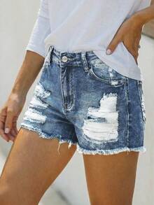 女士休闲牛仔迷你短裤，毛边裤脚和纽扣细节设计，中等弹力直筒裤型 - 藍色 - 查看 4