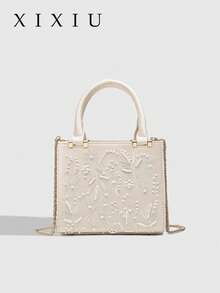 Túi xách nữ: Túi tote thời trang thêu ngọc trai, túi cầm tay dự tiệc sườn xám, túi dây xích, túi thêu ngọc trai, túi đeo vai, túi dây xích đính ngọc trai. - Màu be - Xem 1