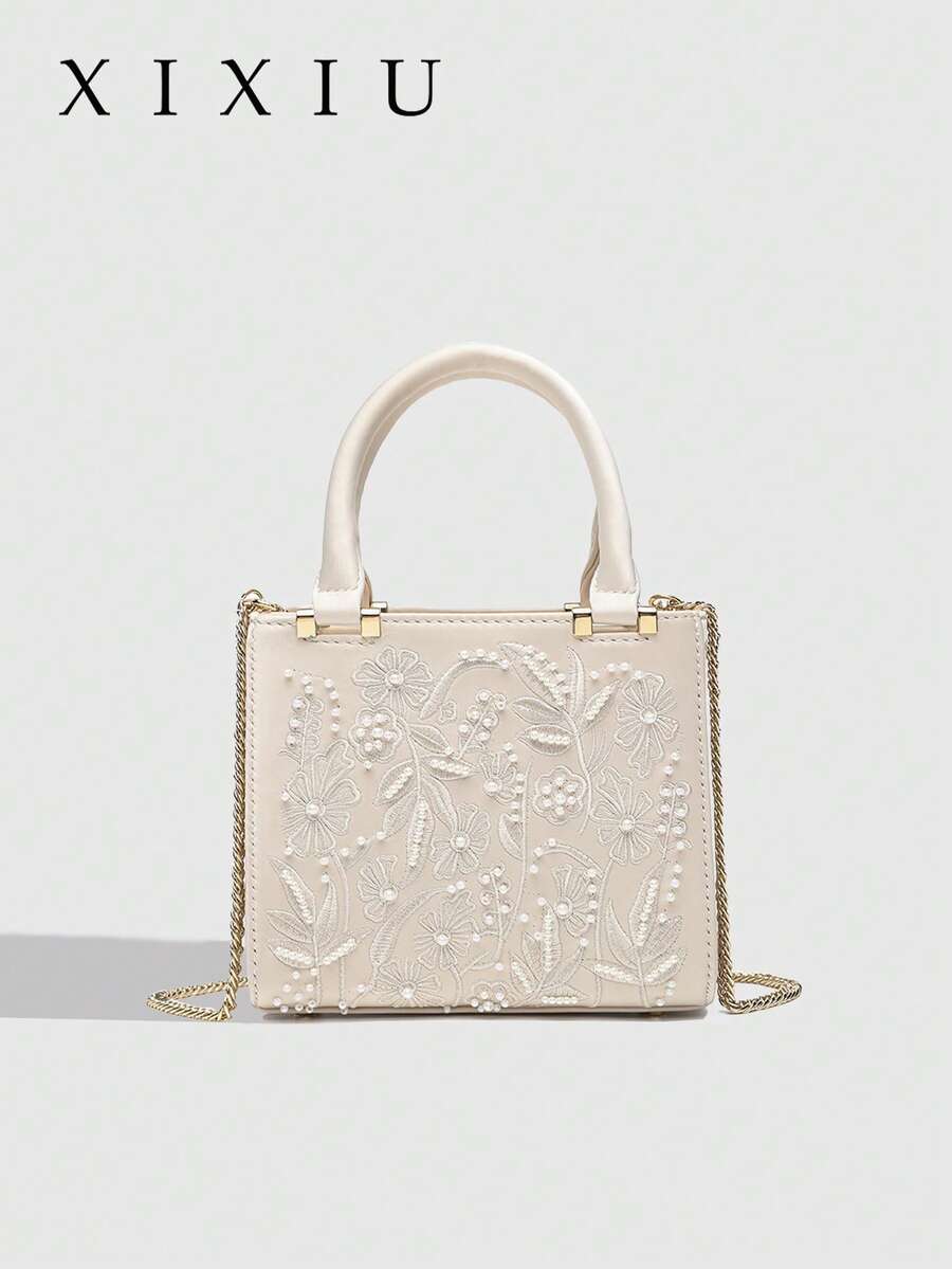 Túi xách nữ: Túi tote thời trang thêu ngọc trai, túi cầm tay dự tiệc sườn xám, túi dây xích, túi thêu ngọc trai, túi đeo vai, túi dây xích đính ngọc trai. - Màu be - Xem 1
