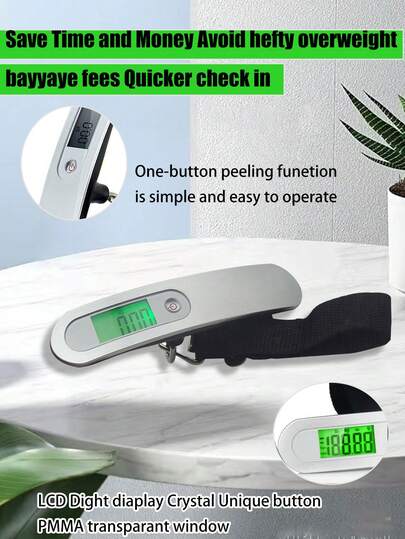 这款便携式旅行秤可称量小型行李，轻巧便携，可轻松放入背包。其独特的弧形设计握感舒适，使用方便，最大称重可达50公斤。不含电池。