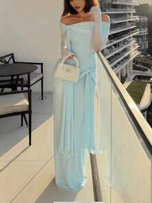 Women's New Slim Fit Slimming Niche Design Ribbon Off-Shoulder Long Dress - Light Blue (25374) - View 4