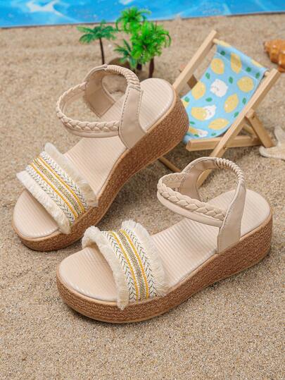 1 Paar Mädchen Sommer Plateau Sandalen, fallen 1 Größe kleiner aus, modische minimalistische Strick Slip-On Lässig Sandalen, bequeme dicke Sohle für Alltag, Strand, Urlaub, Outdoor-Outfit