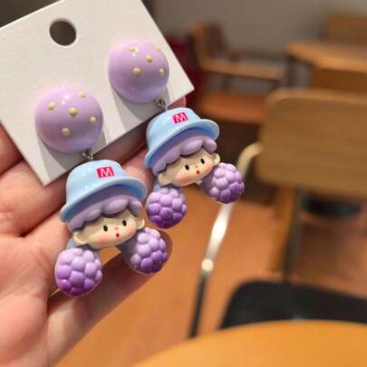 1 Pair Cute Resin Earrings - Purple Polka Dot Ball + Blue Hat Adorable Girl Decor Earrings, Casual Daily Wear