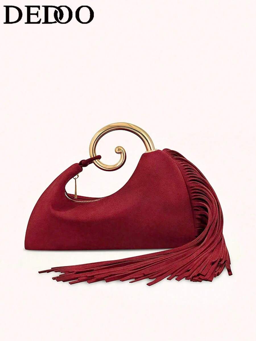 Dedoo 2025秋冬新款复古高品质晚宴包，时尚优雅流苏手提包 - 紅色 - 查看 1