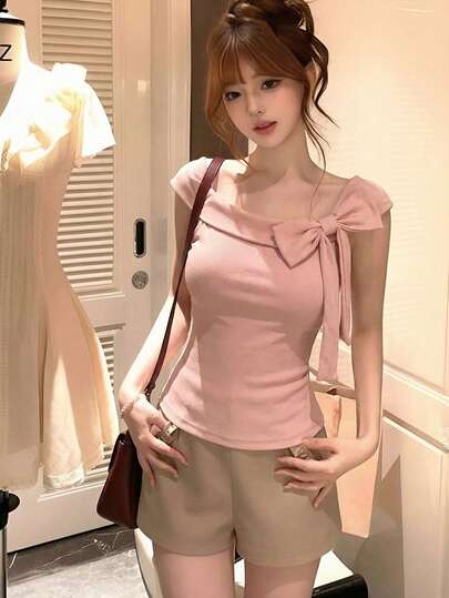 Unique Sweet & Spicy Bow Shoulder Fitted Camisole Top, Pink Short Sleeve T-Shirt For Women, Spring/Summer