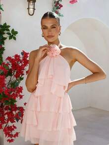 Vestido corto mujer nuevo cuello halter espalda al aire flor 3D volantes capas - Rojo - Ver 5