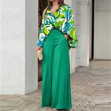 2026 Spring European And American Women's Clothing Loose Casual Elegant Suit Printed Shirt Top Wide Leg Pants Suit Women - 青綠色 - 查看 1