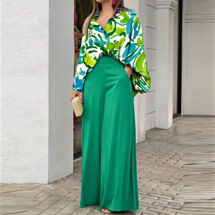 2026 Spring European And American Women's Clothing Loose Casual Elegant Suit Printed Shirt Top Wide Leg Pants Suit Women - 青綠色 - 查看 1