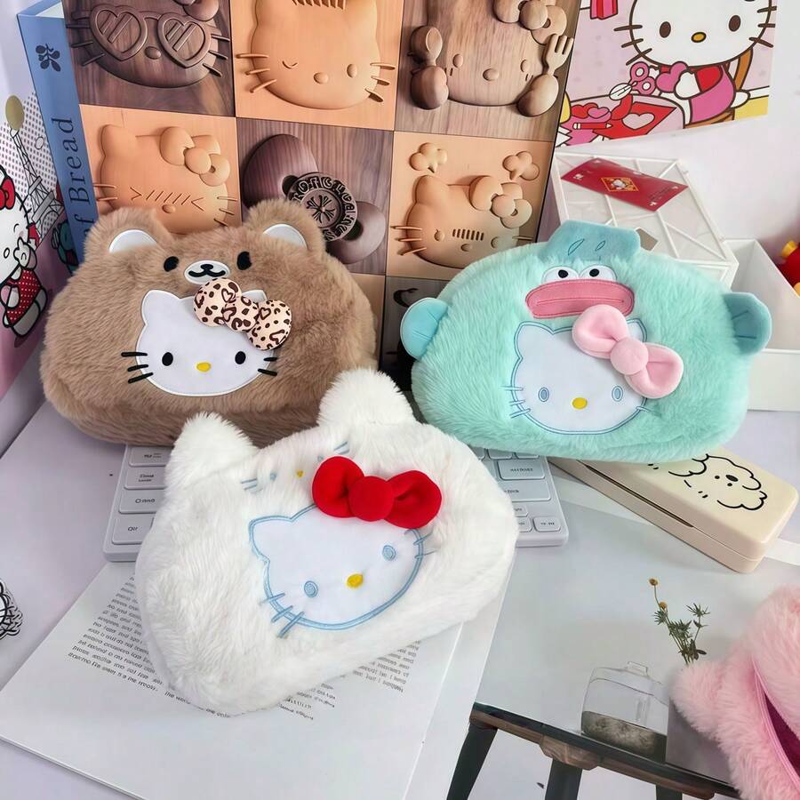 SANRIO 卡通畅销猫咪毛绒化妆包，便携旅行必备收纳袋，可爱奢华高品质网红大容量文具笔袋 - 彩色 - 查看 1