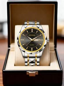 1pc Men's Stainless Steel Band Calendar Week Luminous Business Casual Quartz Wrist Watch - Multicolor - View 6