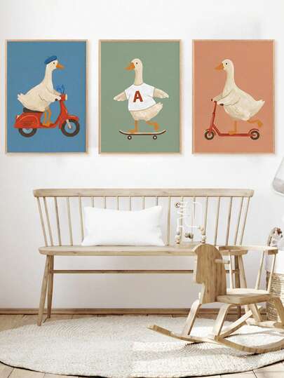 1件帆布墙画 - 婴儿用品，3件套鹅主题印花滑板，儿童房墙面装饰字母海报 - 带框婴儿房墙画，适用于游戏室装饰、婴儿房装饰、日托中心装饰、幼儿园装饰、男孩房装饰、女孩卧室装饰、儿童房装饰