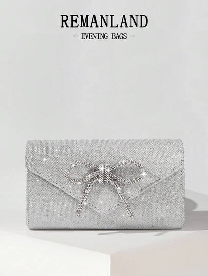 REMANLAND Mini Glamour Envelope Bag, Women's Shiny Rhinestone Bow Decor Evening Clutch, Party Handbag, Shiny Mini Purse, Perfect Bridal Gift, Suitable For Party, Wedding, Prom, Banquet