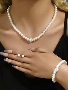 4pcs Elegant Minimalist Faux Pearl Jewelry Set, Sparkling Crystal Embellished Necklace, Bracelet, Earrings, Suitable For Daily, Party, Wedding Occasions, Gift (No Box) - White - View 3