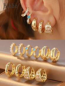 Hihho 5对装奢华创意闪亮镶嵌简约圈形耳环套装，多款优雅女士时尚耳环，适合日常、约会、派对佩戴，亦可作为节日礼物、情人节礼物。 - 耳圈套裝 - 查看 2