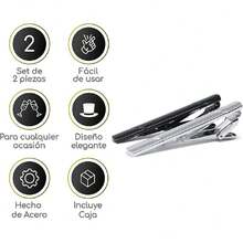 Vedicci Set de 2 Pisacorbatas para hombre. Pisa corbatas de caballero Metálicos con Caja de Guardado para Traje. Incluye 1 Pisa Corbatas Color Negro y 1 Pisa Corbata Plateado. Tie Clip Set.,41163301 - Multicolor - Ver 2