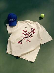 Women's Round Neck Cherry Blossom Print Short Sleeve Casual Versatile T-Shirt - Apricot - View 3