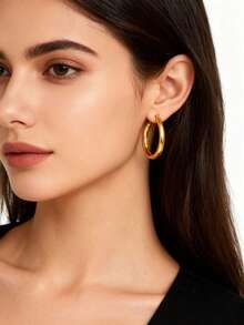 时尚夸张大号耳环，简约百搭欧美INS风钛钢圆环耳环，不锈钢耳环 - 金色 - 查看 9