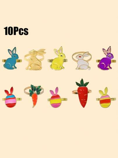10/6/2pcs Easter Holiday Napkin Ring Set, Easter Hotel Dining Table Decor, Family Party Atmosphere Decoration Easter Napkin Holder, Easter Style Napkin Ring, Enamel Pastoral Dining Table Decor, Spring Party, Kitchen & Dining Room Creative Tabletop Decor Ring, Suitable For Western Restaurant, Dinner Party - Wedding Party Metal Napkin Ring, Napkin Holder