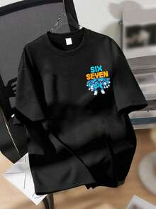 Boys' Cartoon Number "67" & Letter Print Round Neck Short Sleeve T-Shirt, New Spring/Summer Children Clothing - Black - View 4