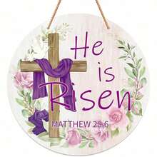 1 pieza Decoración de puerta "Él ha resucitado" Letrero de puerta delantera religiosa de Pascua con cruz Colgante de puerta de Pascua para decoración de hogar, pared, corona, granja, interior y exterior, decoraciones de primavera - Multicolor - Ver 8