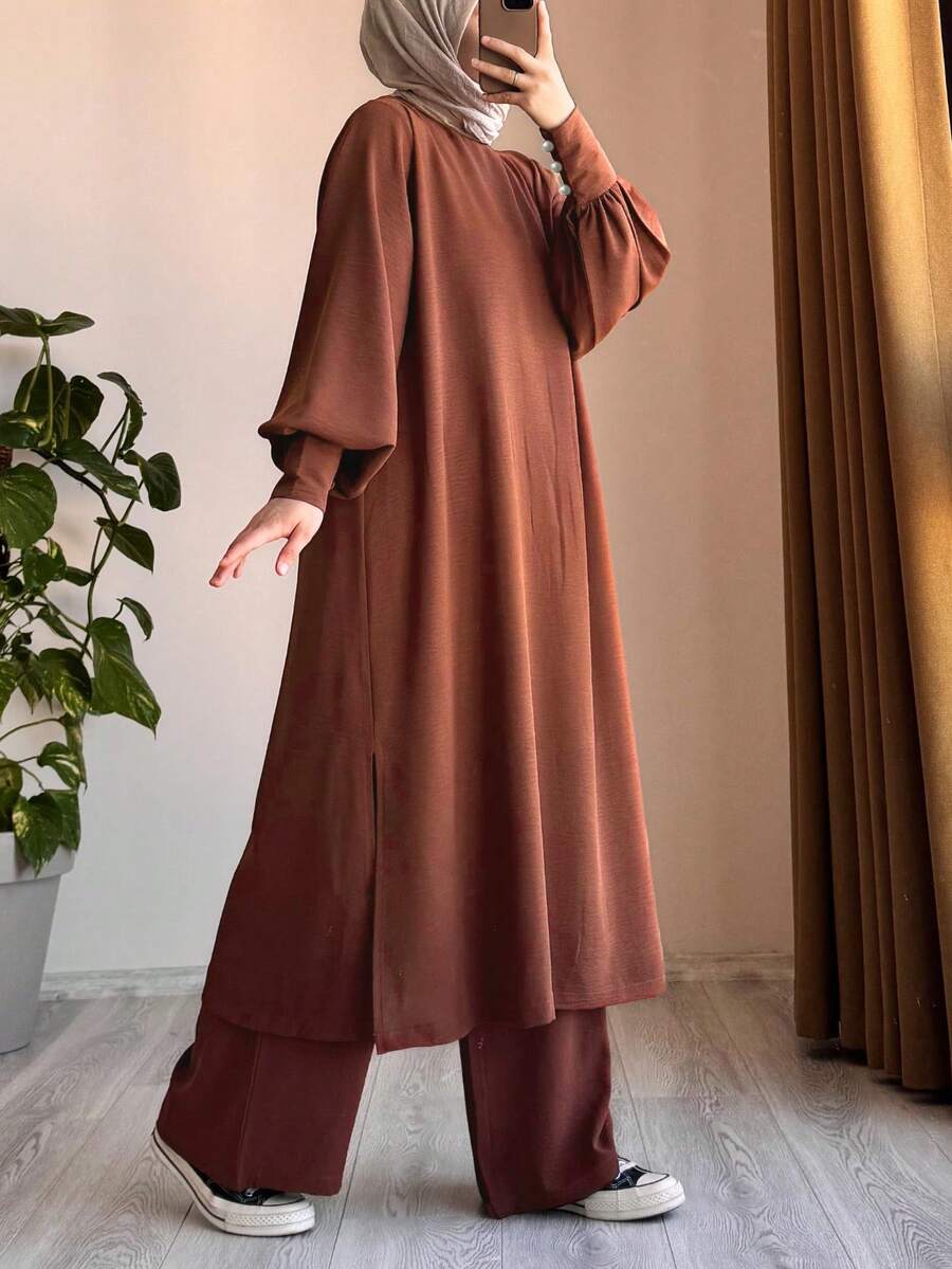 女士优雅阿拉伯风格纯色休闲端庄优雅宽松圆领灯笼袖宽松裤装春季套装 - 鏽棕色 - 查看 1